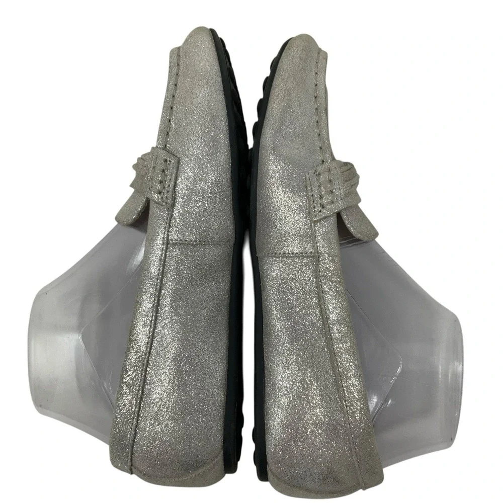 LANDS END Womens 8D (Wide)  Metallic Silver Comfort Suede Leather Slip on Loafer